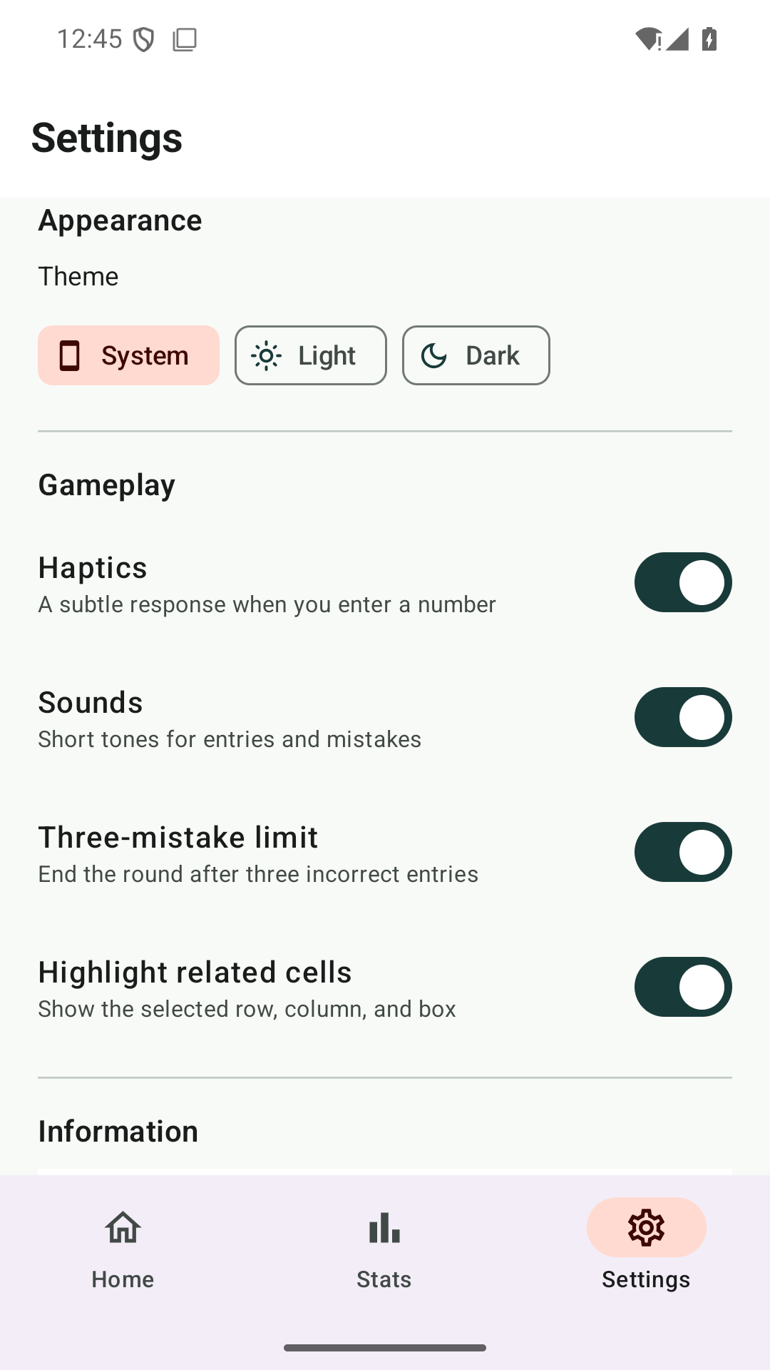 Sudoku Grove settings screen